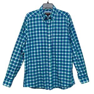 Johnston & Murphy Mens‎ Long-Sleeve Plaid Button-Down Shirt L Cotton Green Blue